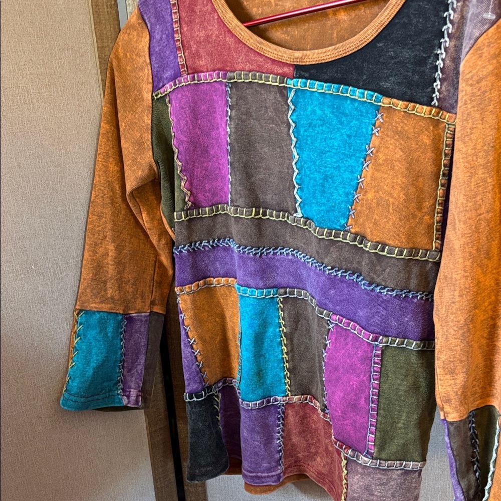 Art studio, multicolored front patchwork, T-shirt, medium